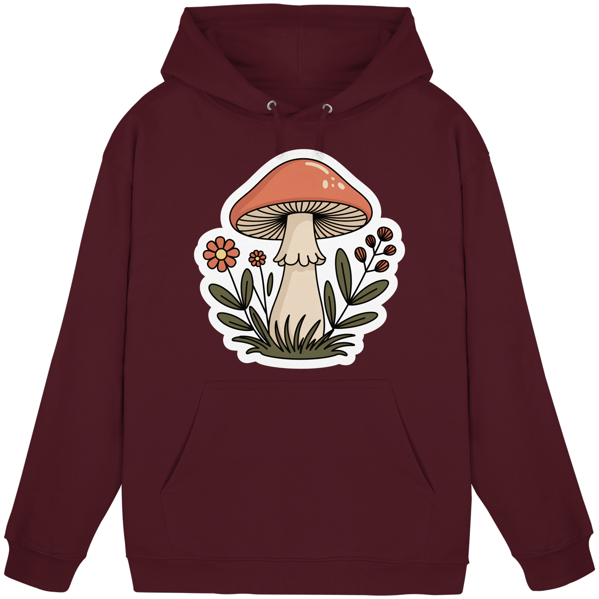 Unisex burgundy Still Roots hoodie by Arvenzo, front view showing a comfortable, casual design with a hood and front pocket.