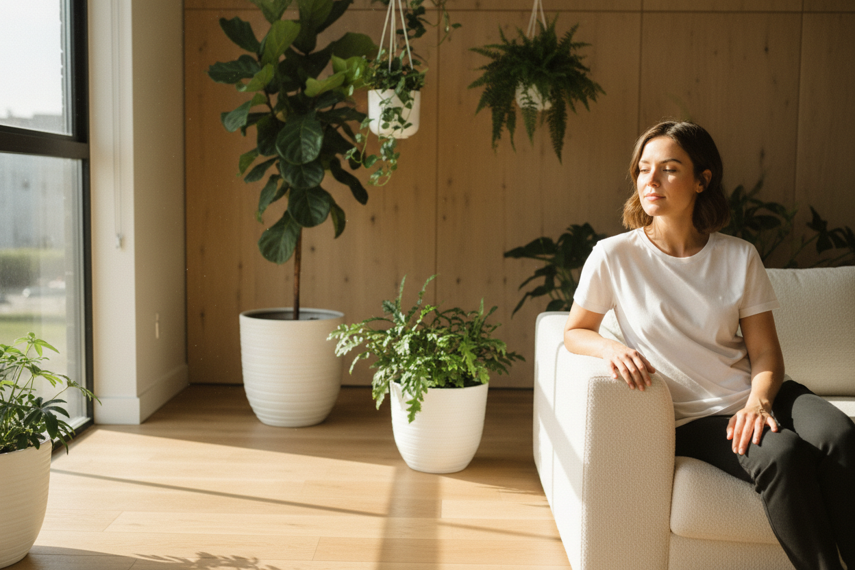 A professional, high-end editorial lifestyle photograph of a person wearing a premium white minimalst t-shirt. The person is sitting in a bright, modern eco-conscious interior with light oak wood accents and soft green indoor plants. Natural sunlight filters through a window, creating a warm and honest atmosphere. The person is positioned on the right side of the image, leaving a large clean area on the left for text. The vibe is 'slow fashion' and sustainable. 8k resolution, photorealistic, cinematic light