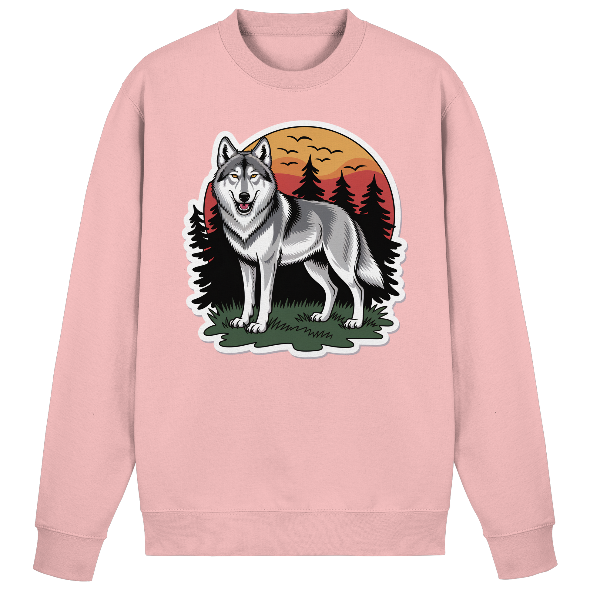Baby pink Arvenzo Lone Dusk sweatshirt shown from the front with a simple, cozy design and ribbed cuffs and hem.