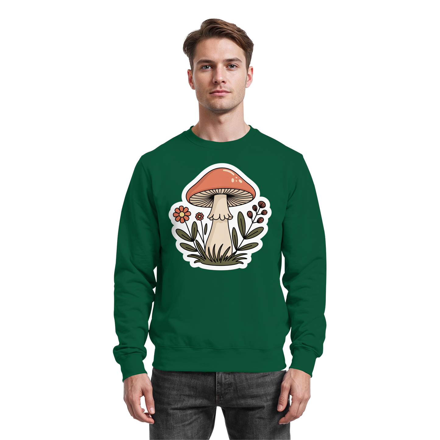 Bottle green Still Roots sweatshirt by Arvenzo, front view showing a classic crew neck and relaxed fit.
