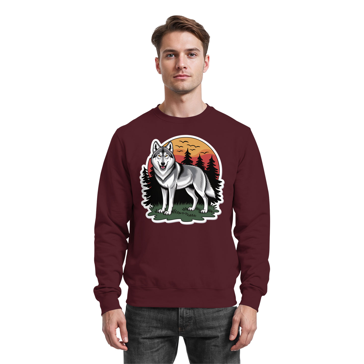 Arvenzo Lone Dusk sweatshirt in burgundy, front view showing a cozy, basic crewneck design with long sleeves.