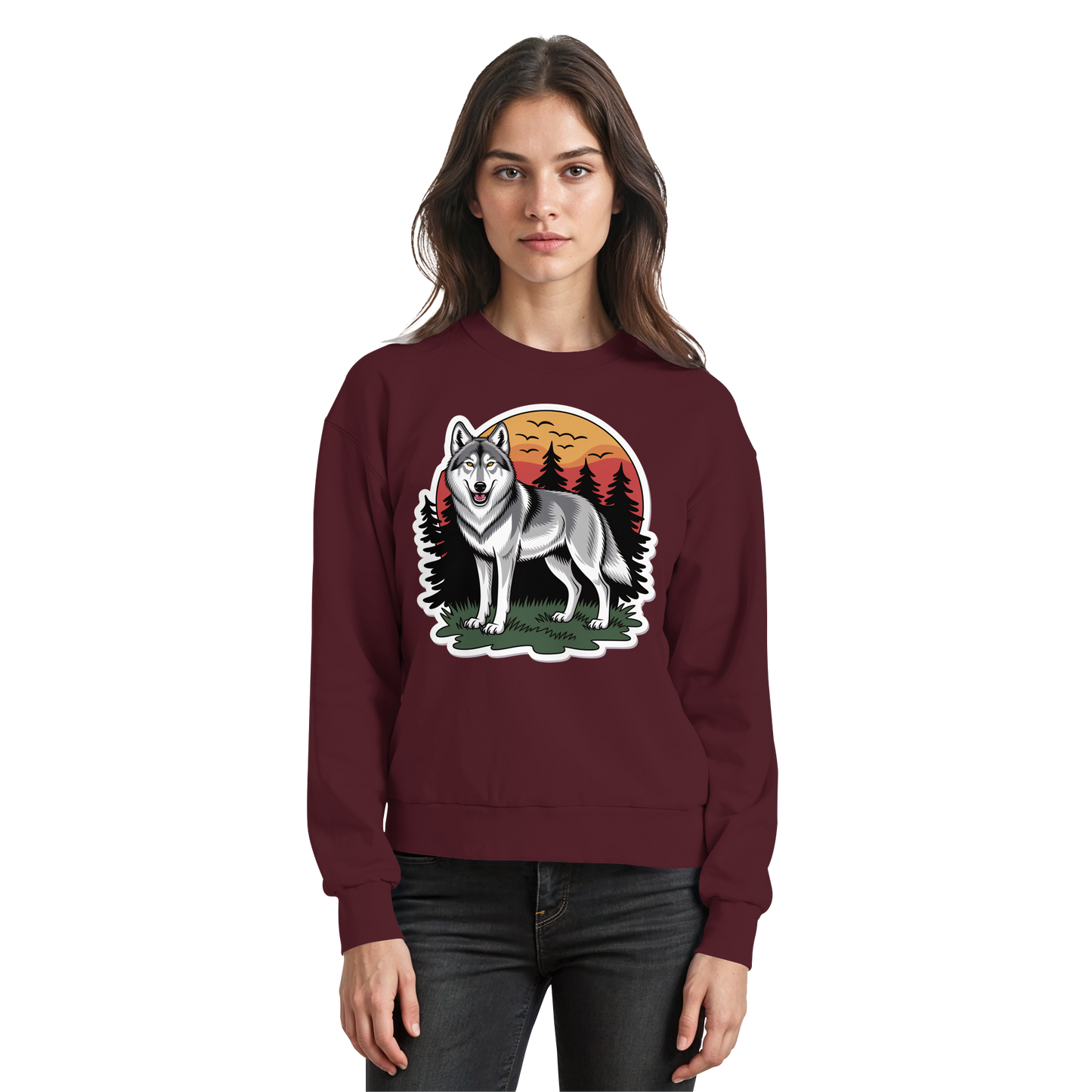 Arvenzo Lone Dusk sweatshirt in burgundy, front view showing a basic crewneck design and comfortable fit.