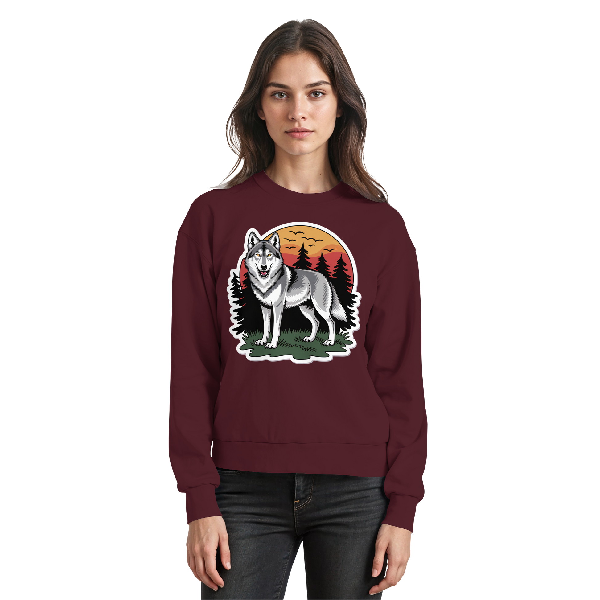 Arvenzo Lone Dusk sweatshirt in burgundy, front view showing a basic crewneck design and comfortable fit.