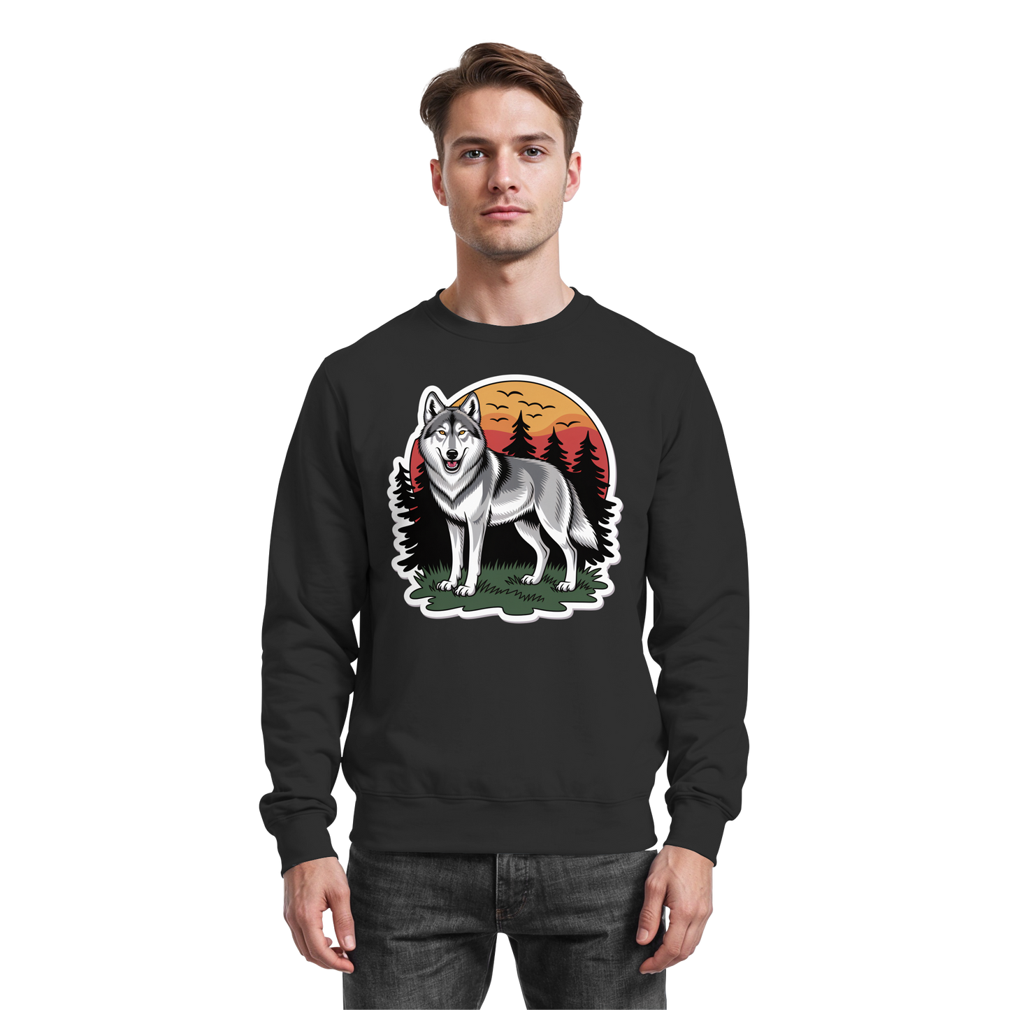 Arvenzo Lone Dusk black sweatshirt front view, soft cotton fabric, casual fit, minimal design, long sleeves, crew neckline.