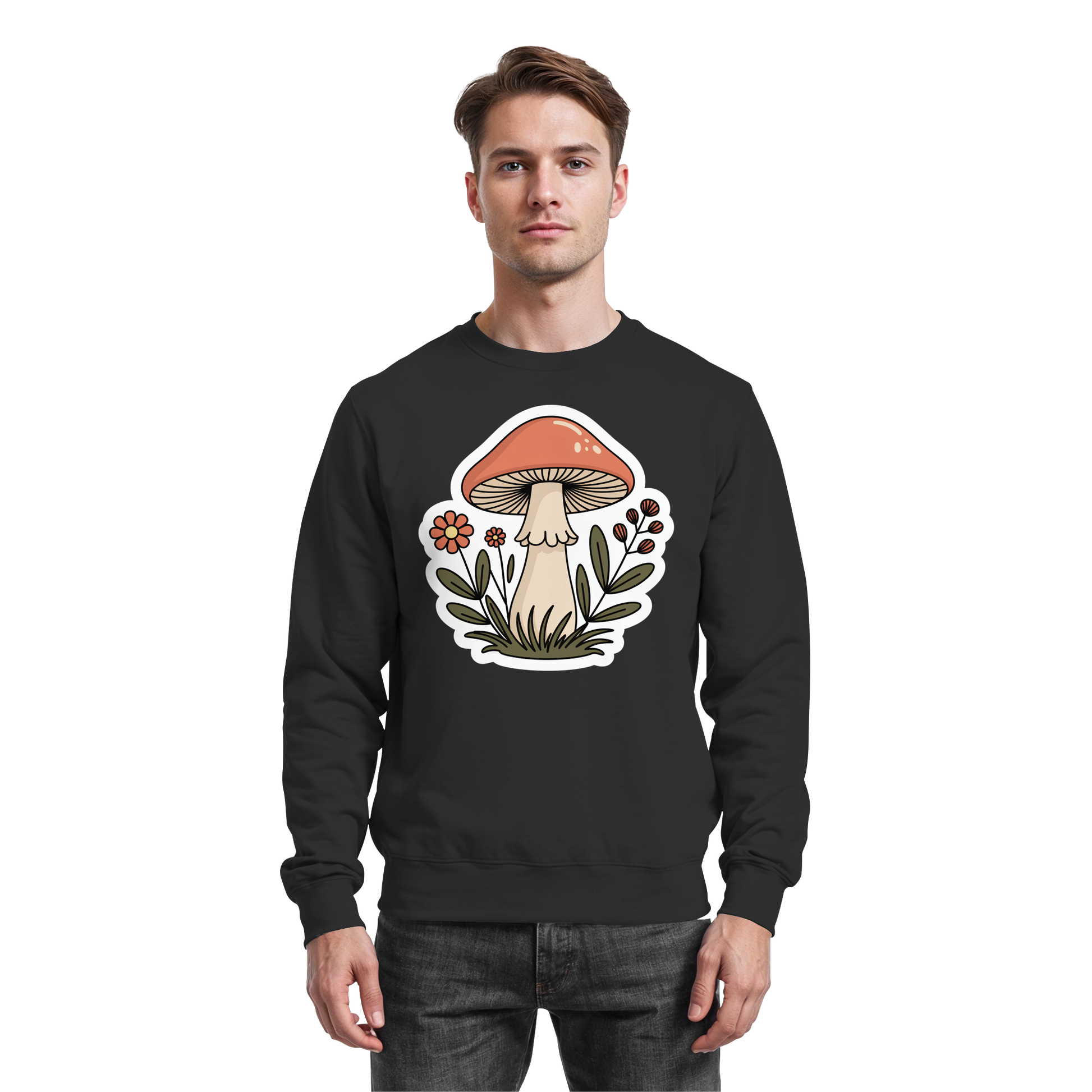 Black Still Roots sweatshirt by Arvenzo, front view showing a classic fit, soft fabric, and minimalist design.