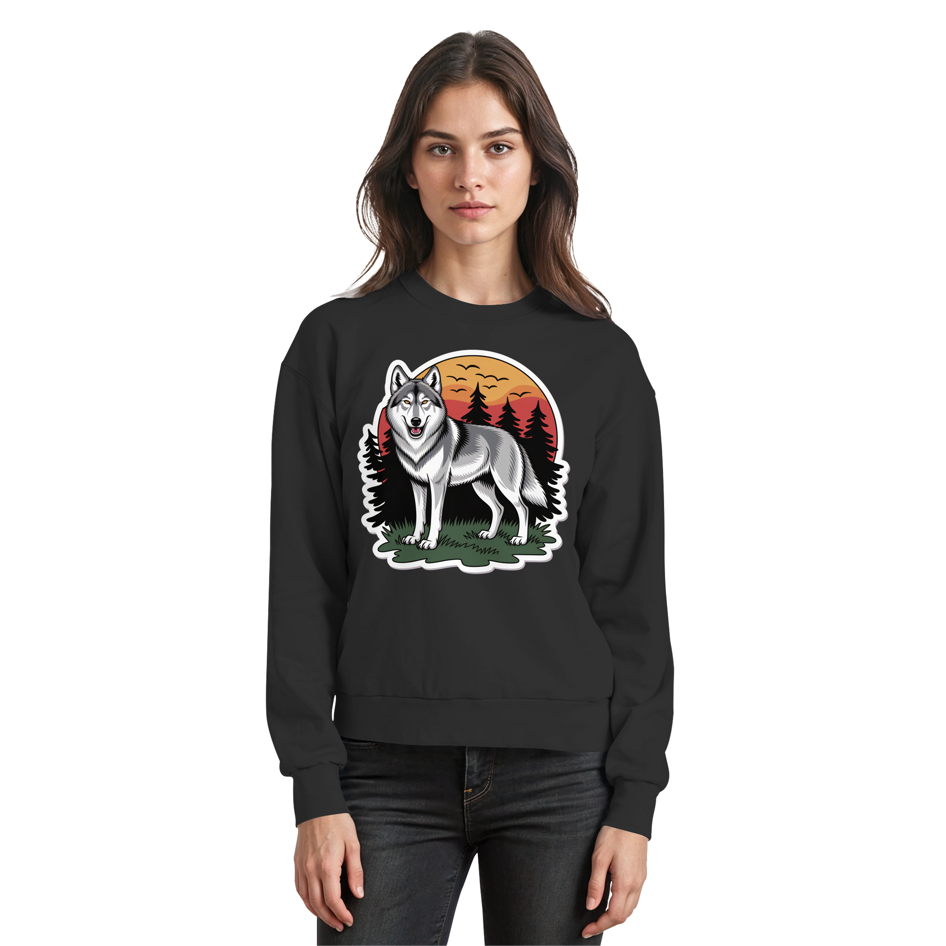 Arvenzo Lone Dusk sweatshirt in deep black, front view showing a classic crewneck design and soft fabric texture.