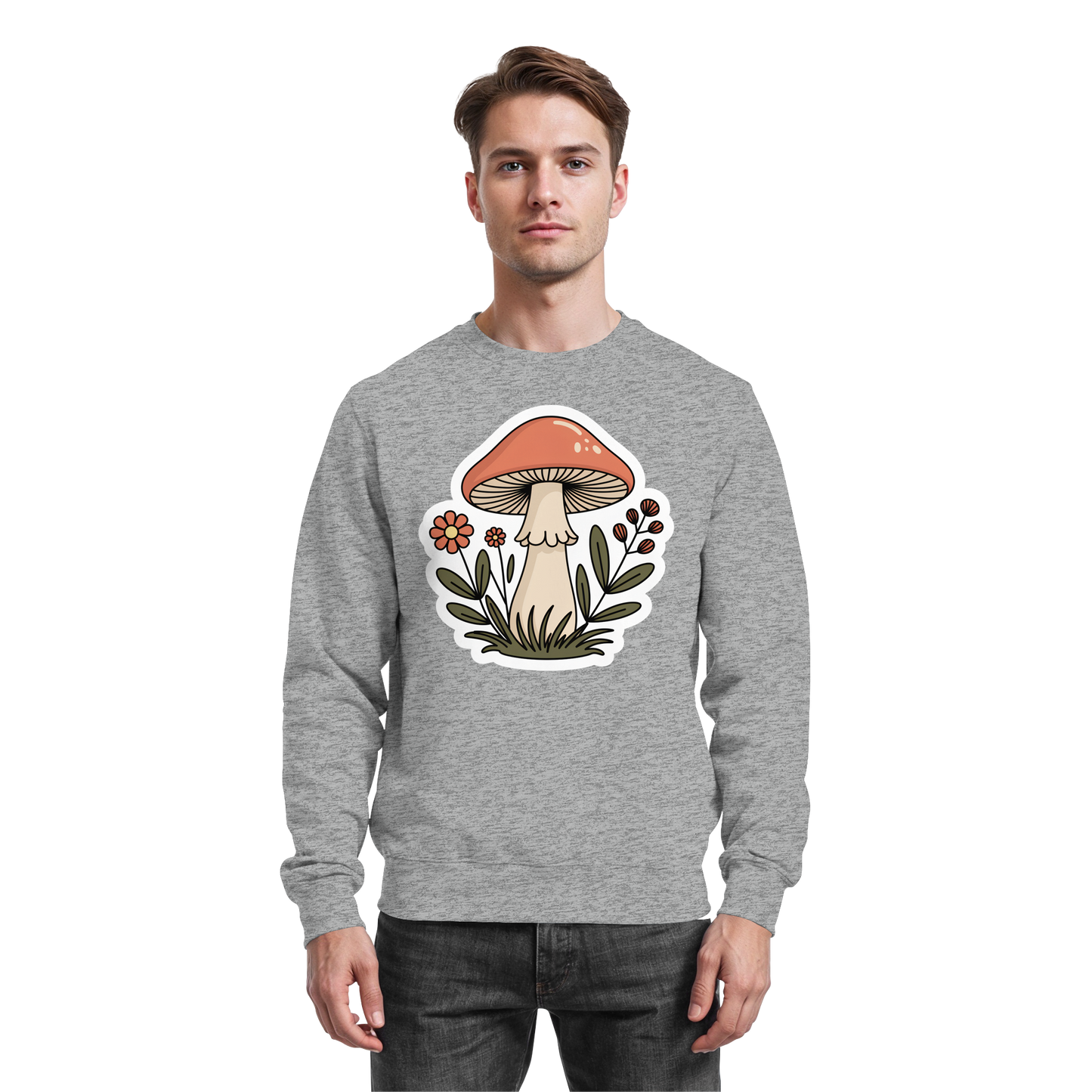 Heather grey Arvenzo Still Roots sweatshirt, front view showing classic crew neck and relaxed fit, casual and comfortable style.