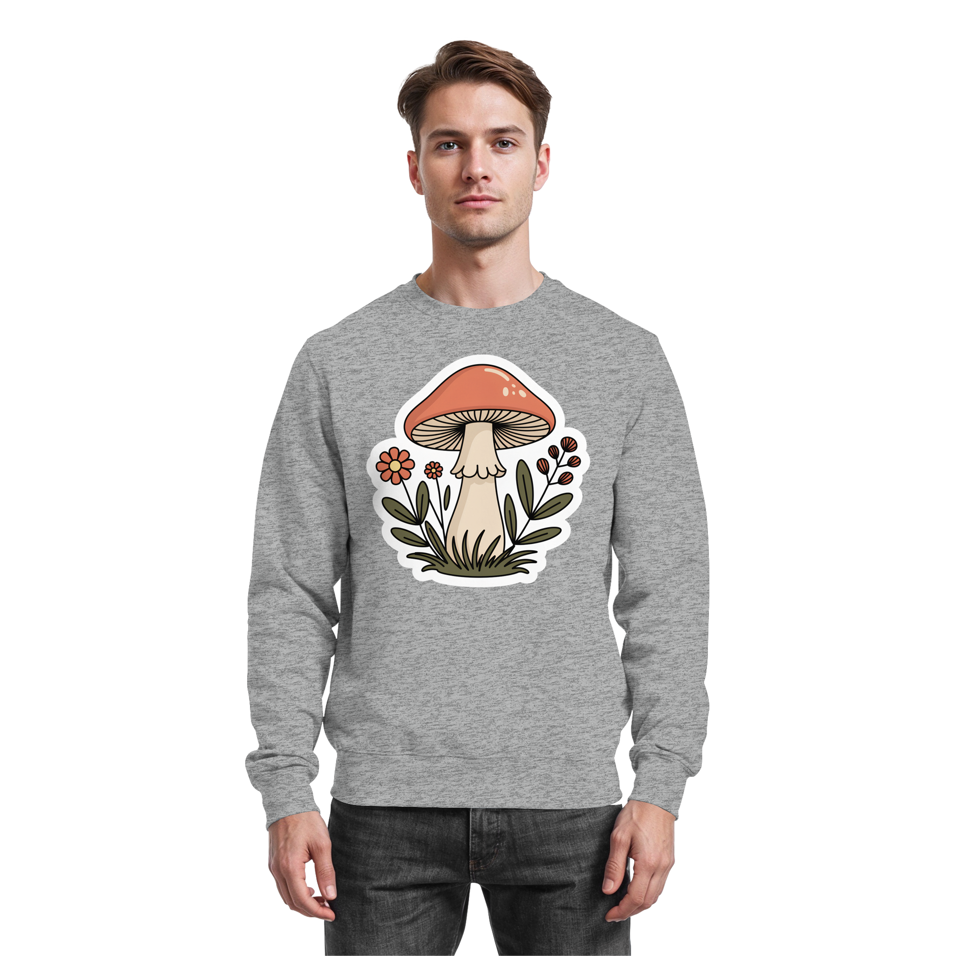 Heather grey Arvenzo Still Roots sweatshirt, front view showing classic crew neck and relaxed fit, casual and comfortable style.
