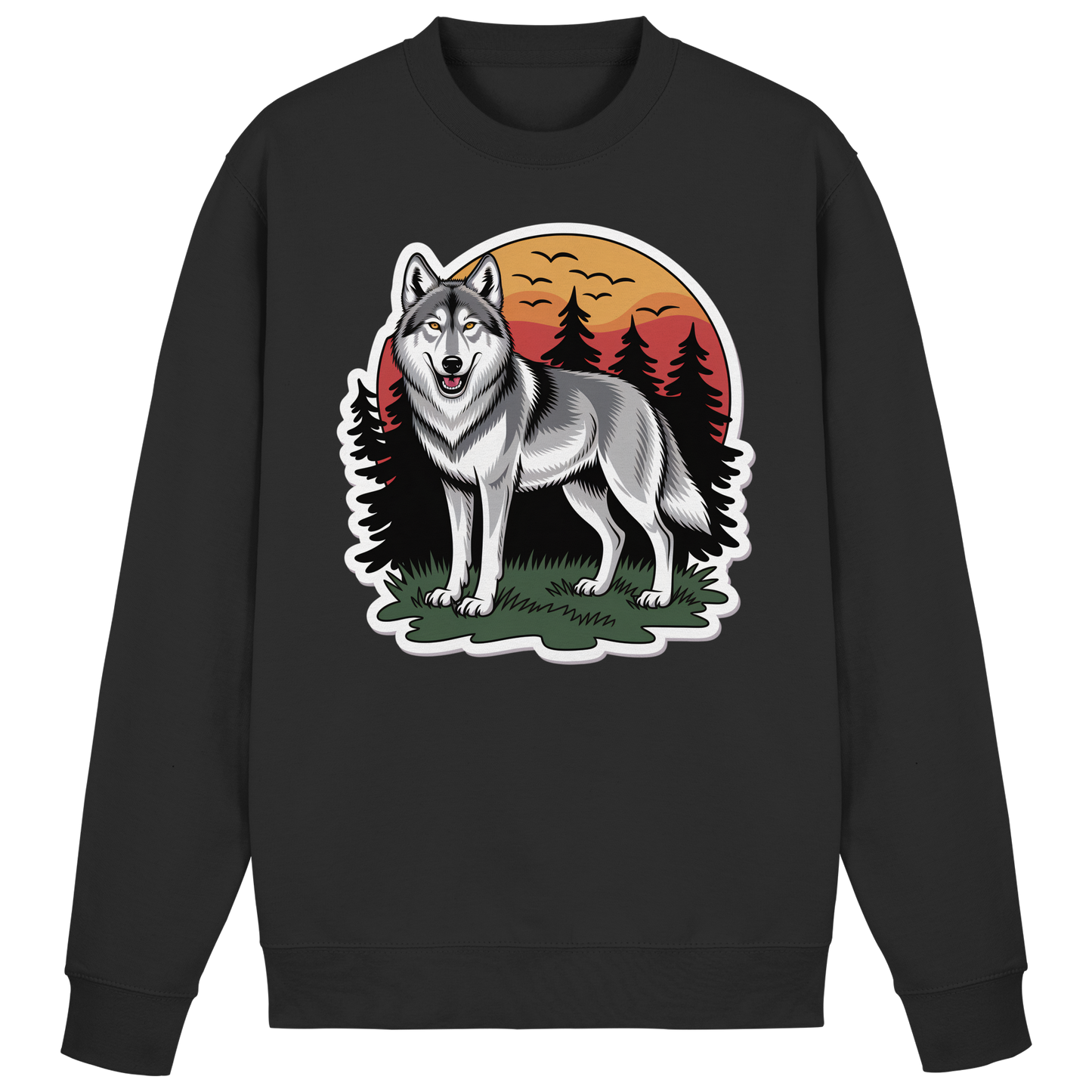 Front view of a black Arvenzo Lone Dusk sweatshirt with a simple, classic design and ribbed cuffs and hem.