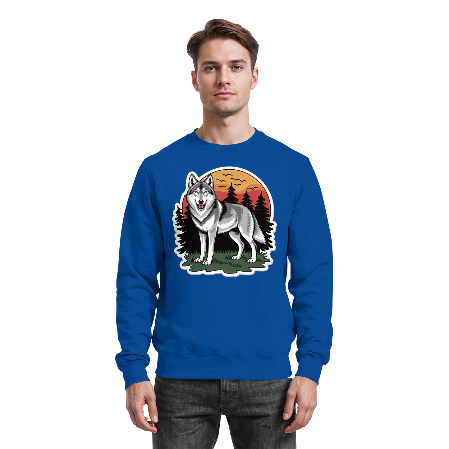 Arvenzo Lone Dusk sweatshirt in royal blue, front view showing a casual fit and classic crewneck design.