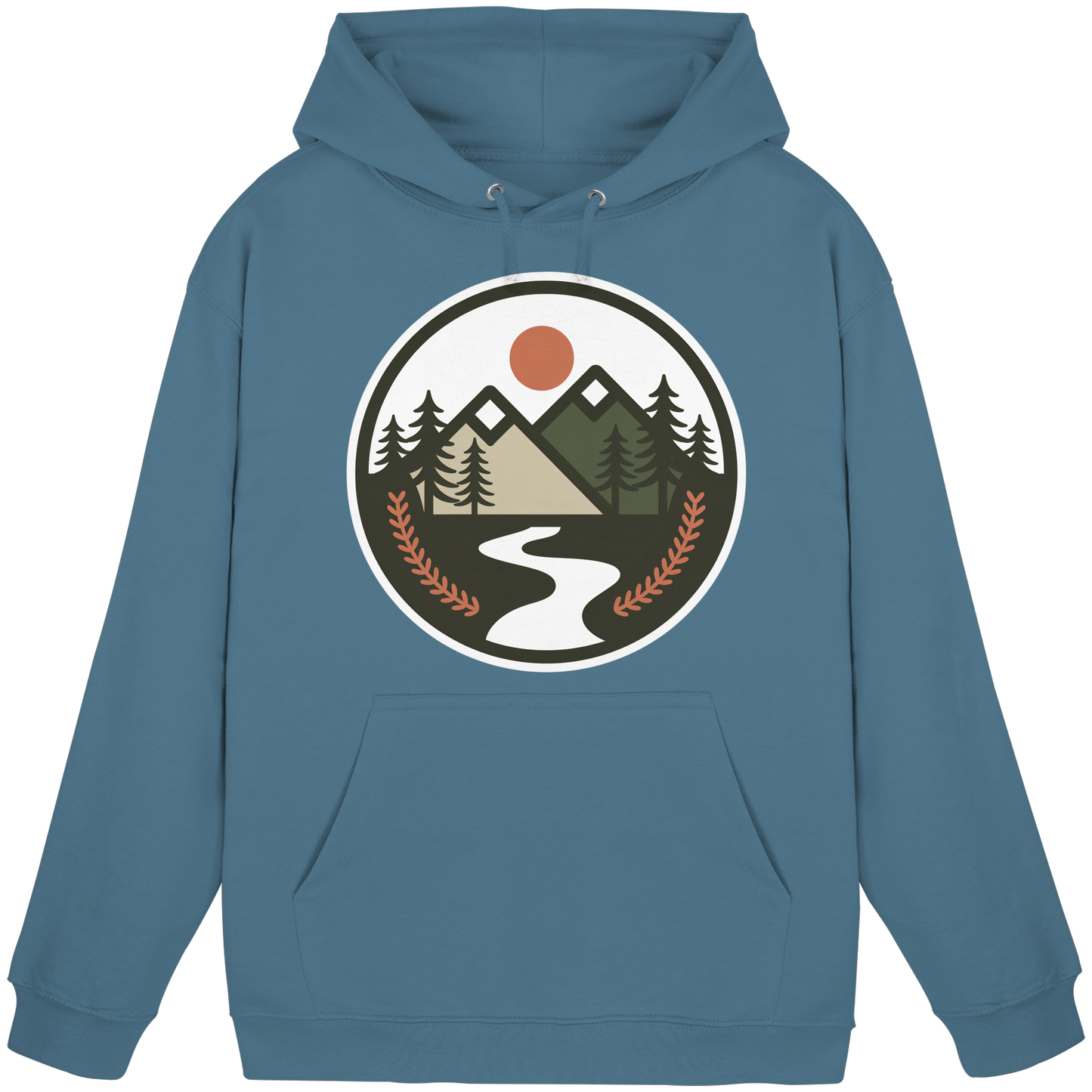 Front view of Arvenzo Open Ground hoodie in airforce blue, unisex design with a basic hoodie style.