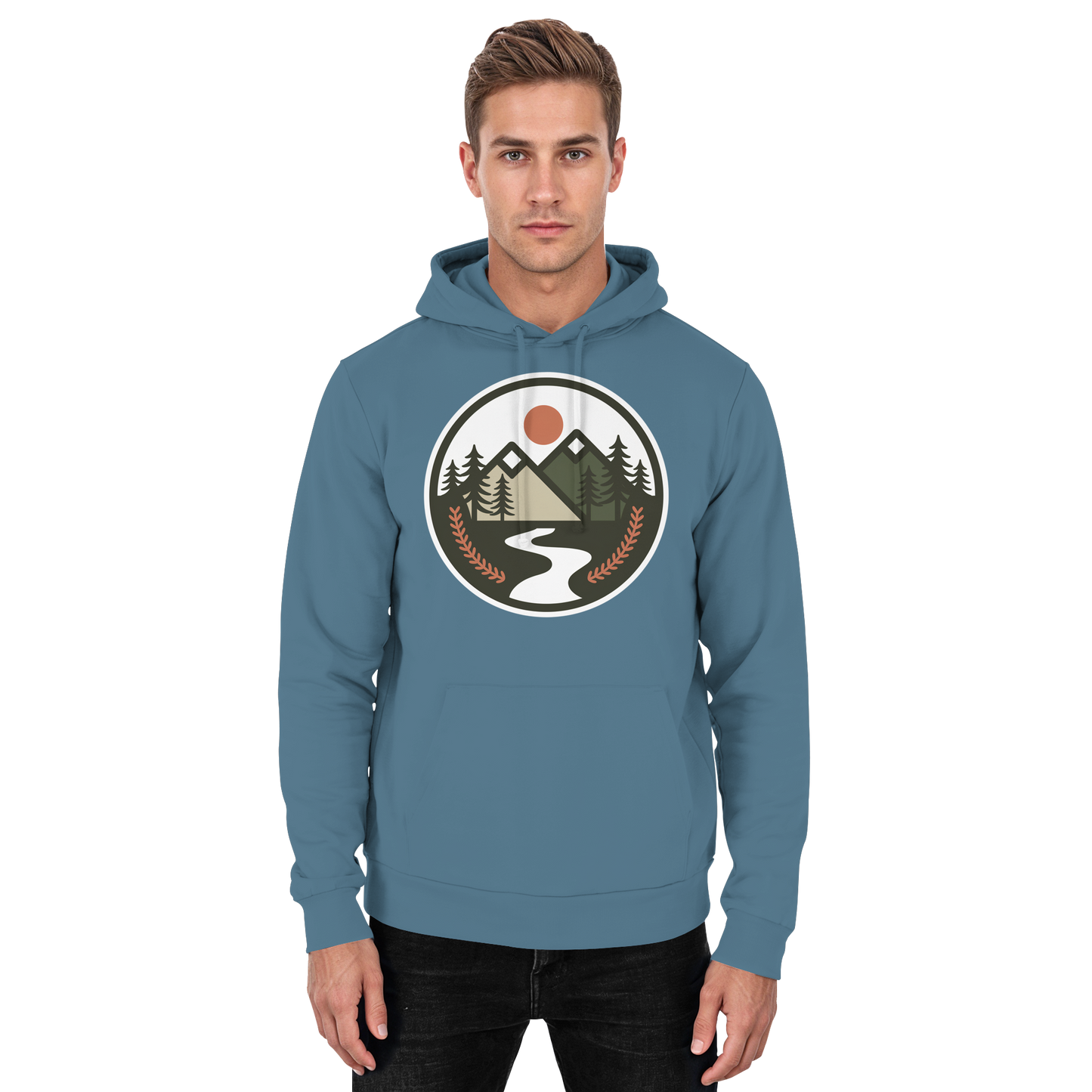 Front view of Arvenzo Open Ground unisex hoodie in Airforce Blue, featuring a basic design and comfortable fit.