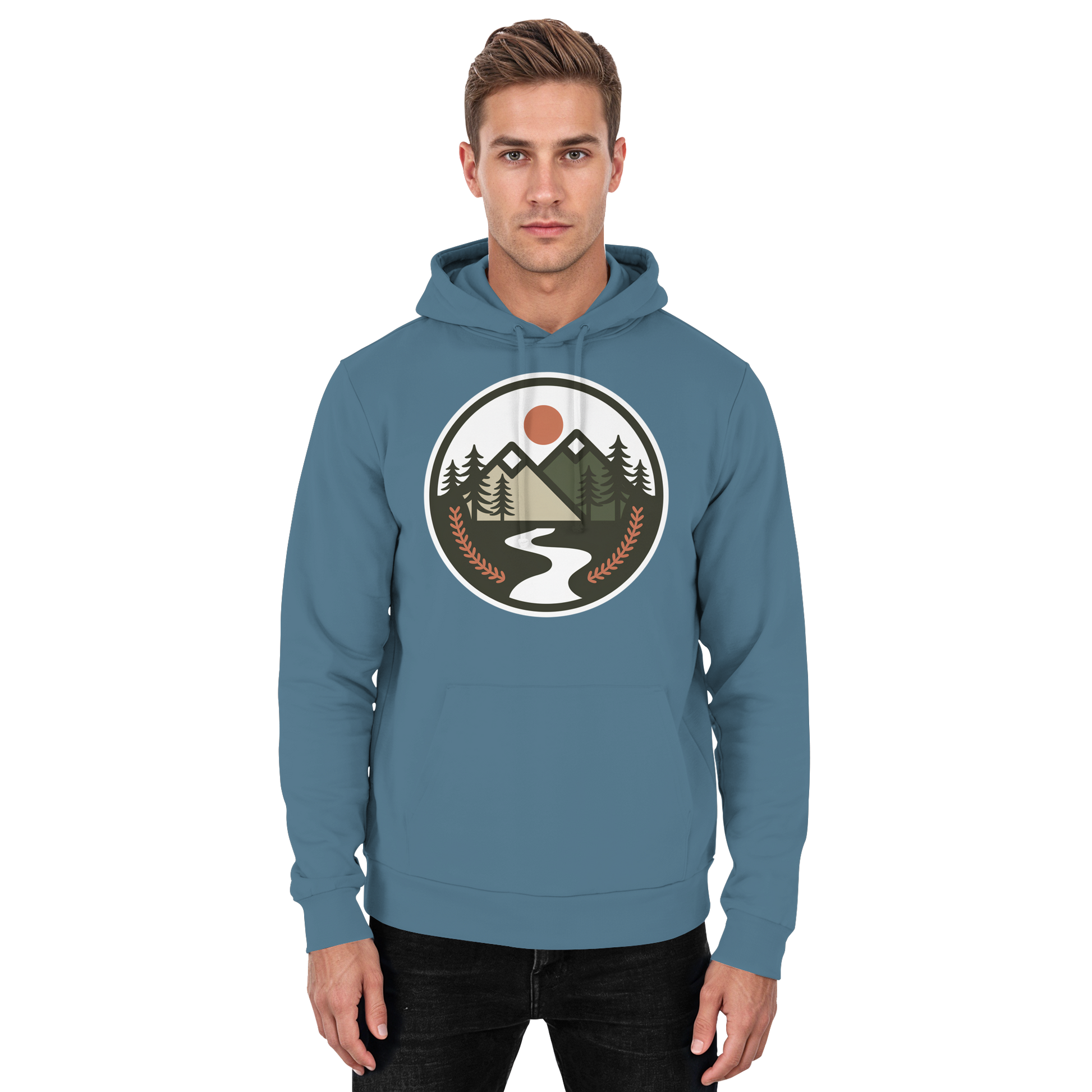 Front view of Arvenzo Open Ground unisex hoodie in Airforce Blue, featuring a basic design and comfortable fit.