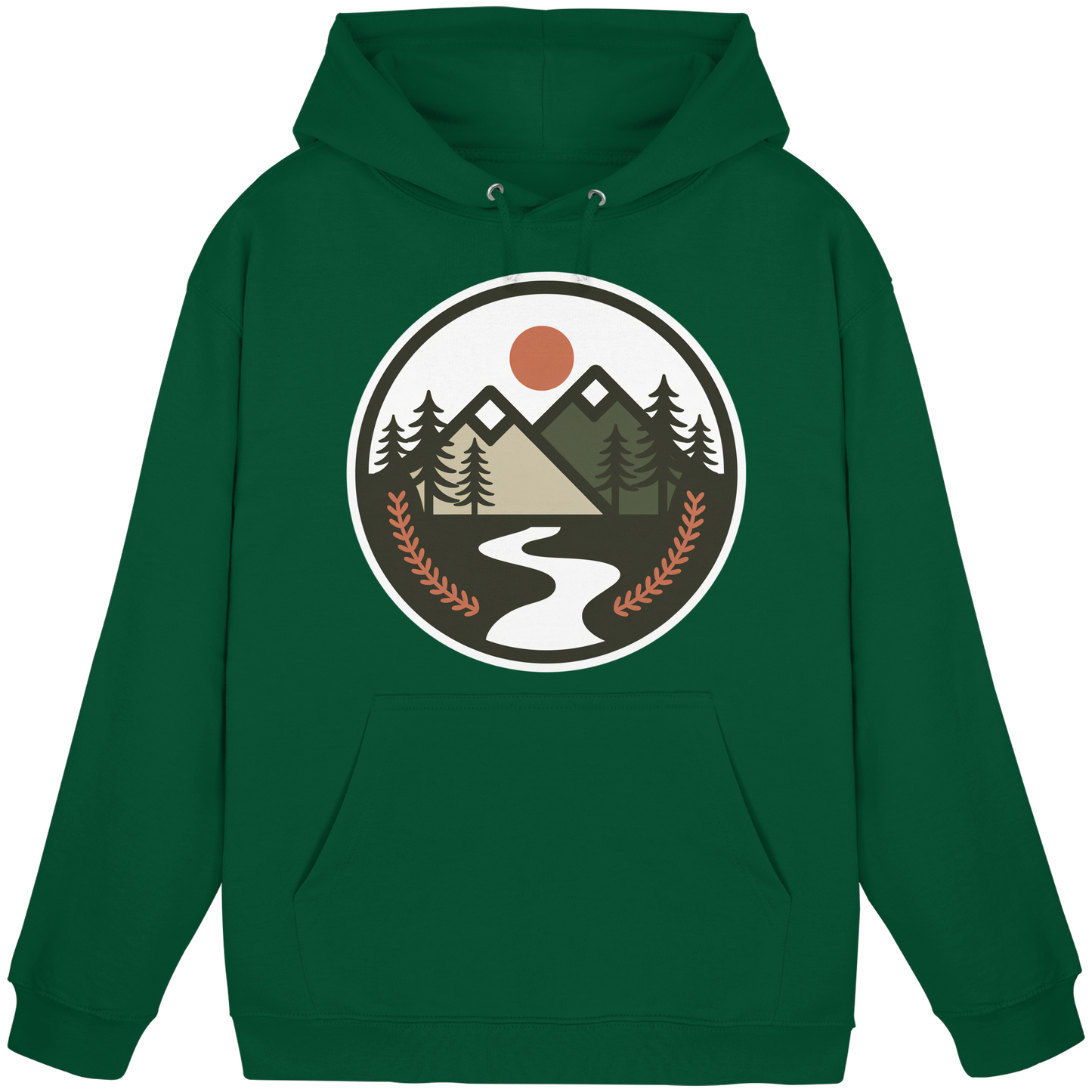 Front view of Arvenzo Open Ground hoodie, unisex design in bottle green with a simple, classic hoodie style.