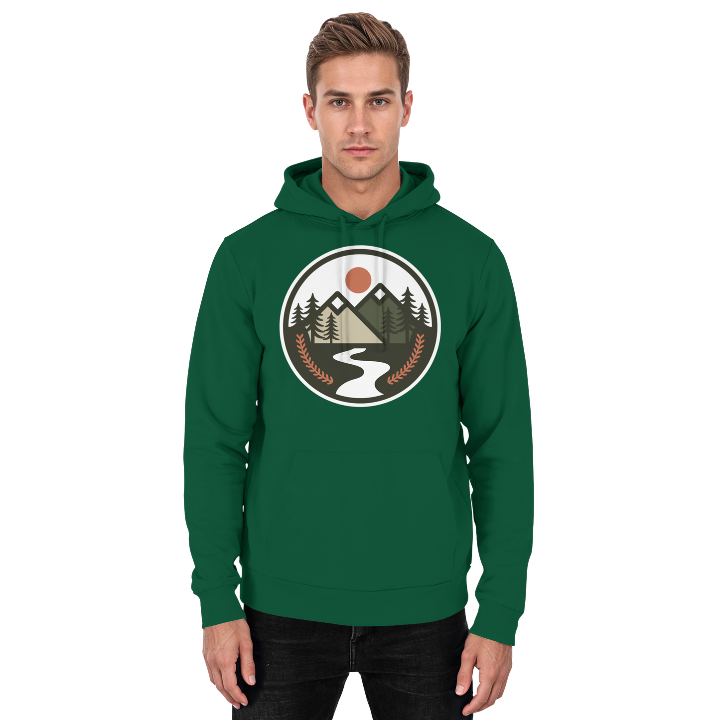 Unisex Arvenzo Open Ground hoodie in bottle green, front view showing a simple, casual hoodie with a front pocket.