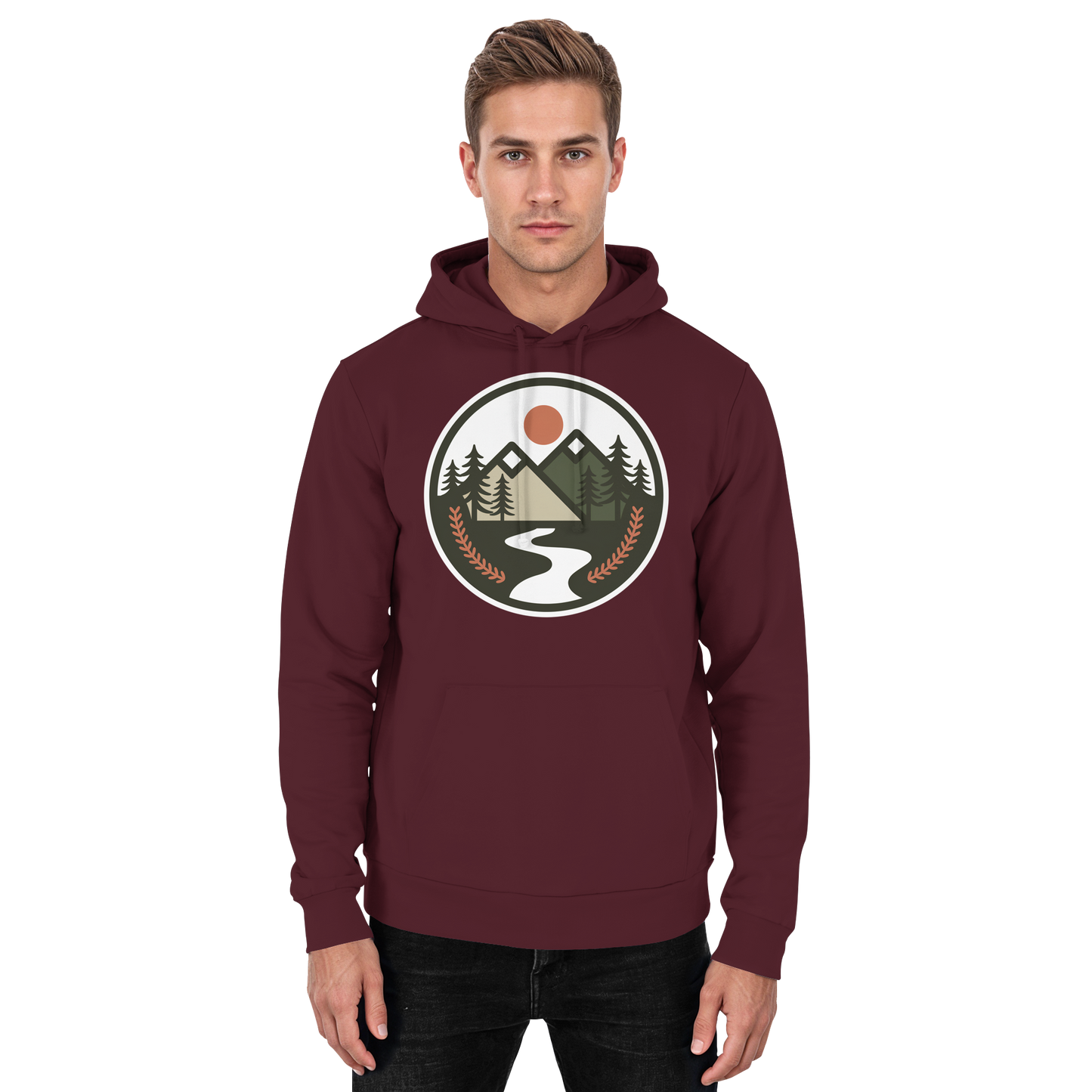 Front view of burgundy Arvenzo Open Ground unisex hoodie with a simple design and comfortable fit.