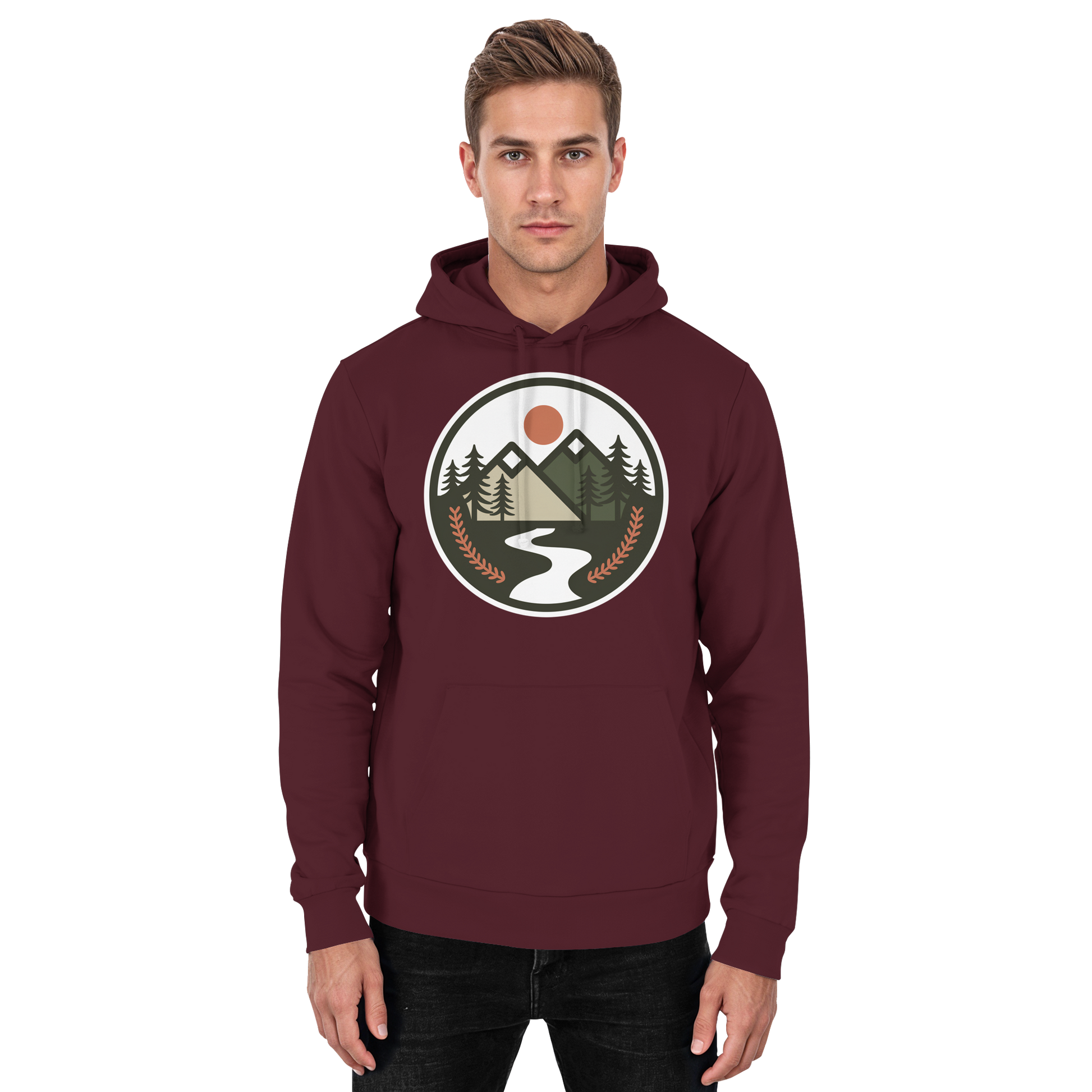 Front view of burgundy Arvenzo Open Ground unisex hoodie with a simple design and comfortable fit.