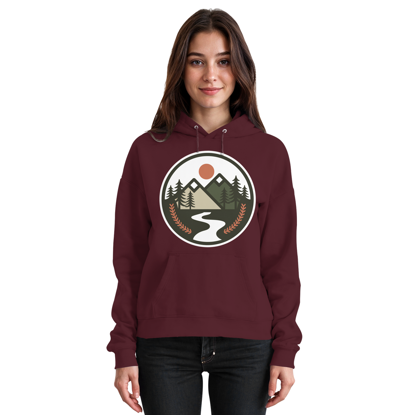 Front view of Arvenzo Open Ground unisex burgundy hoodie with a classic fit and simple design.