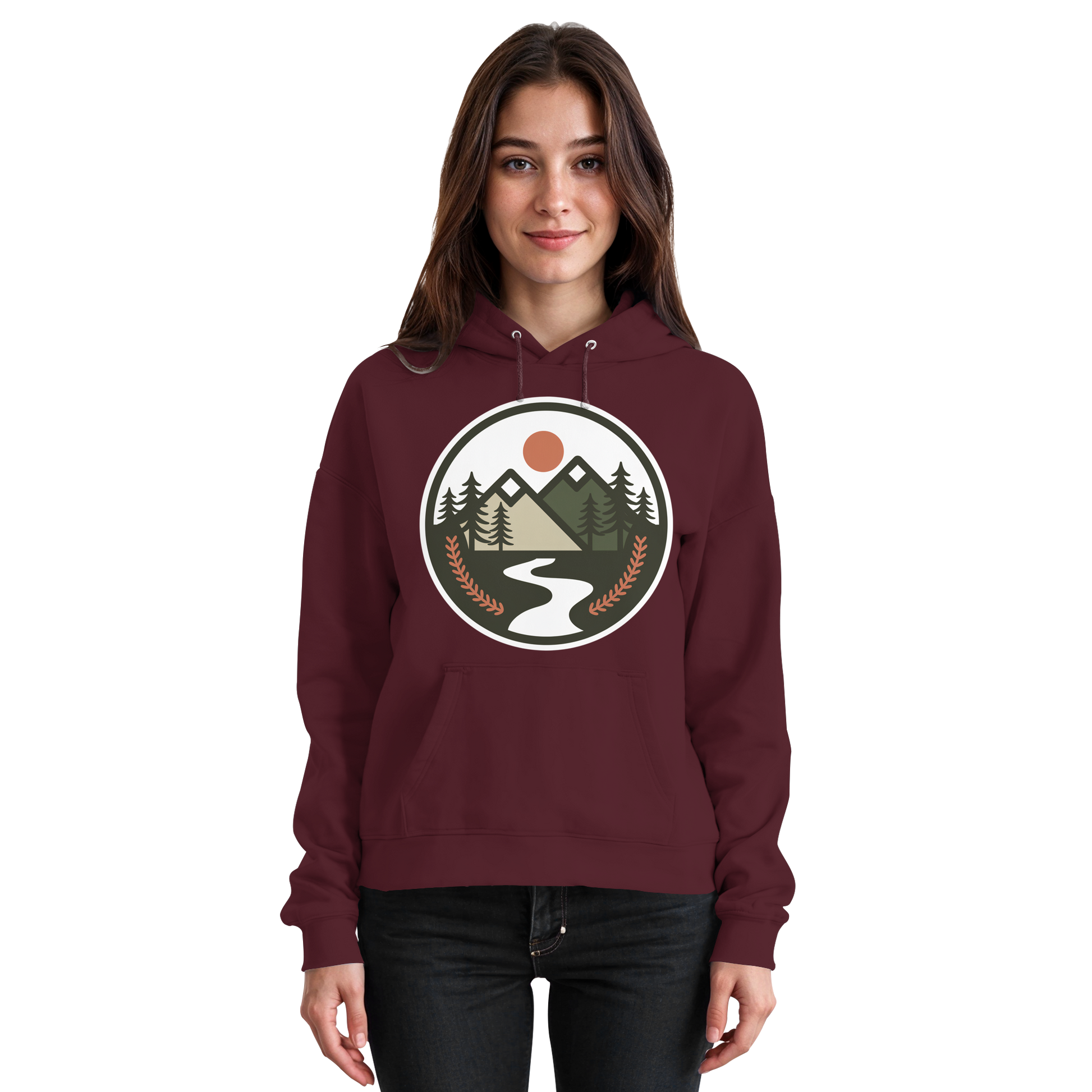 Front view of Arvenzo Open Ground unisex burgundy hoodie with a classic fit and simple design.