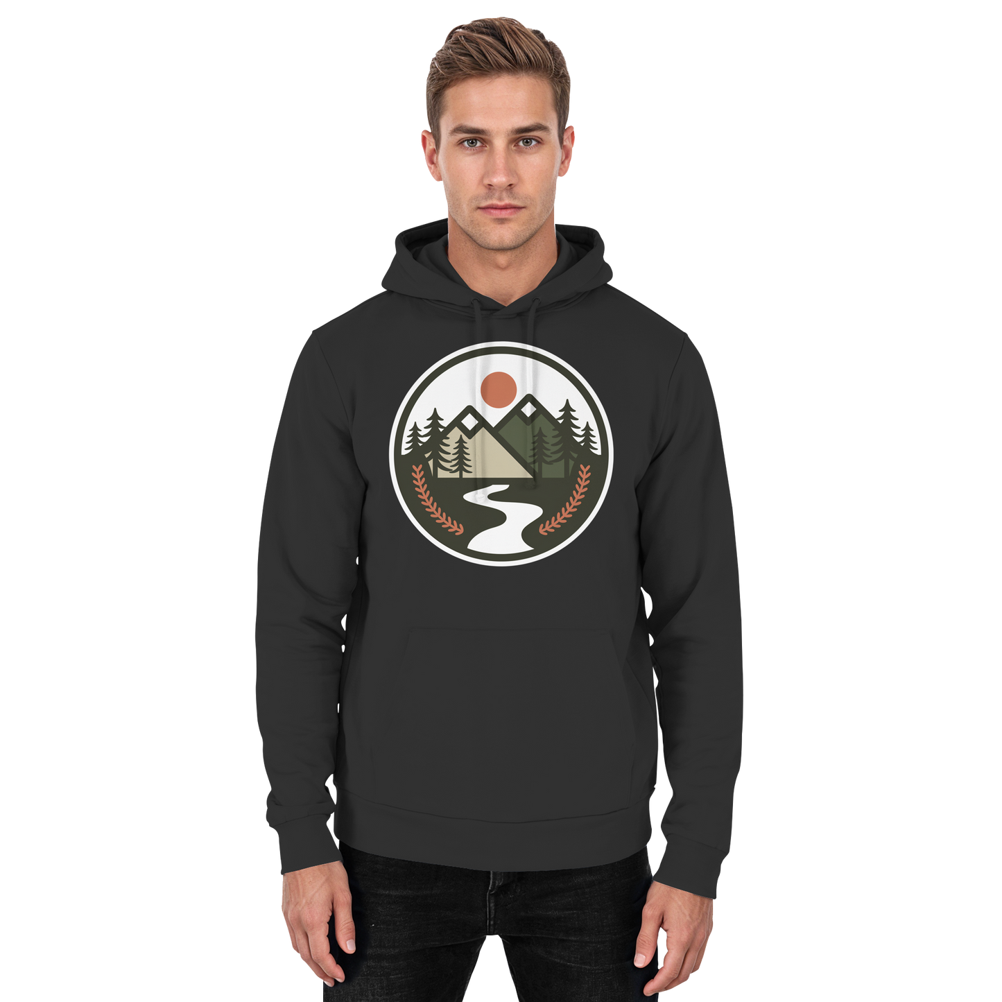 Black unisex hoodie from Arvenzo with a front design, casual style, and comfortable fit, shown from the front view.