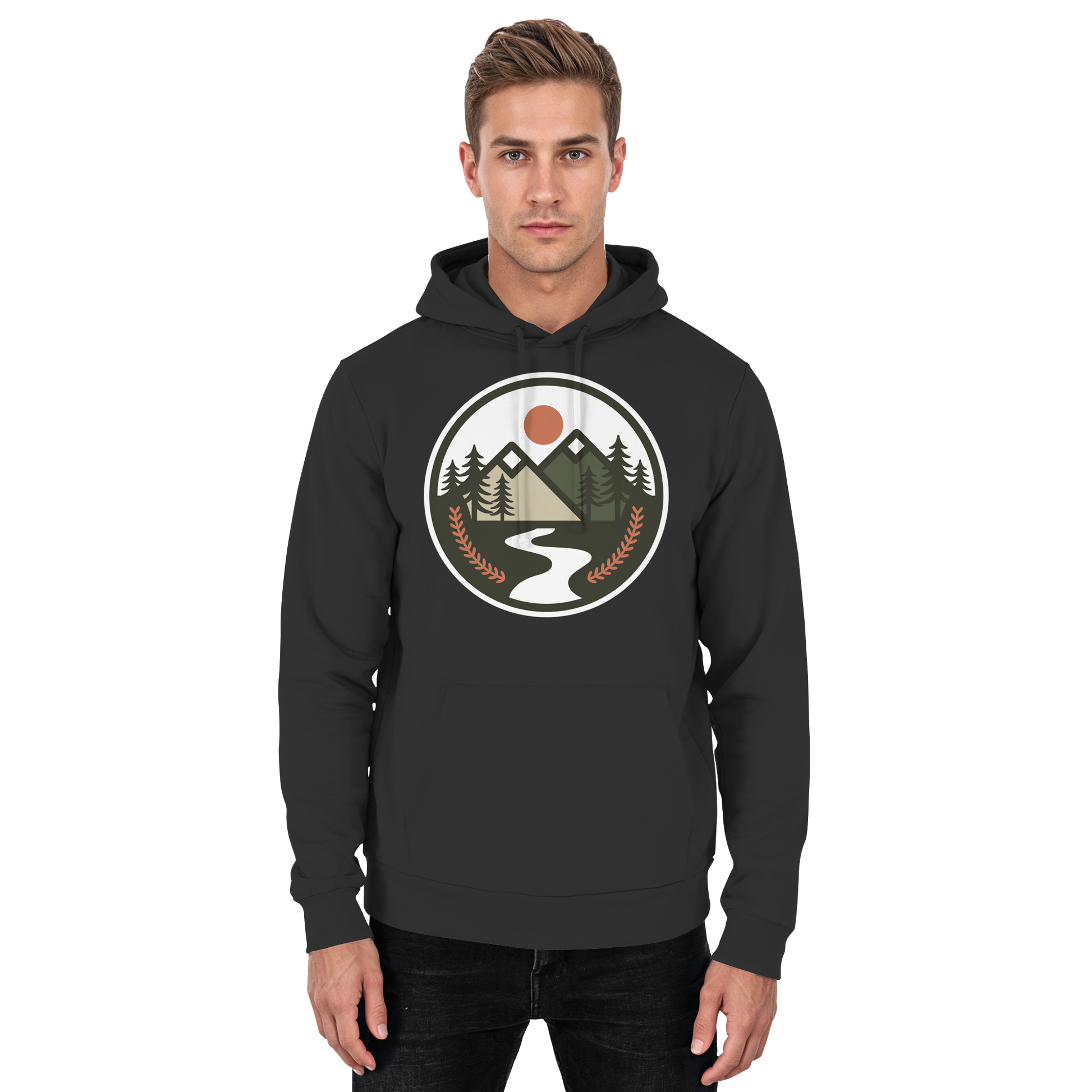 Black unisex hoodie from Arvenzo with a front design, casual style, and comfortable fit, shown from the front view.