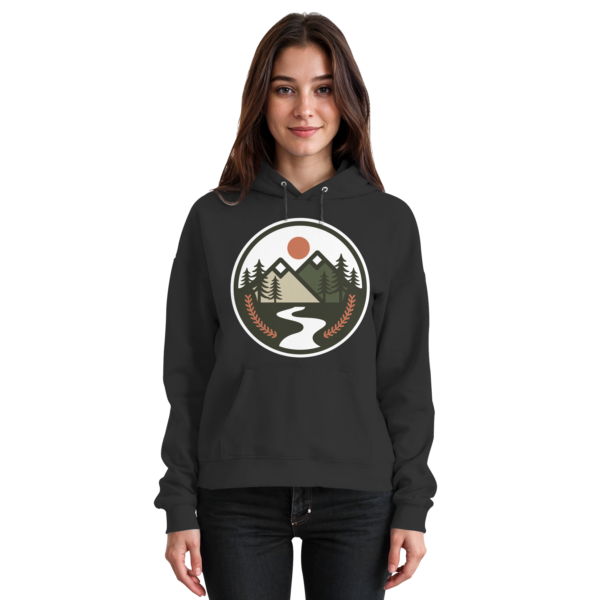 Front view of Arvenzo Open Ground unisex black hoodie with a simple design and drawstring hood.