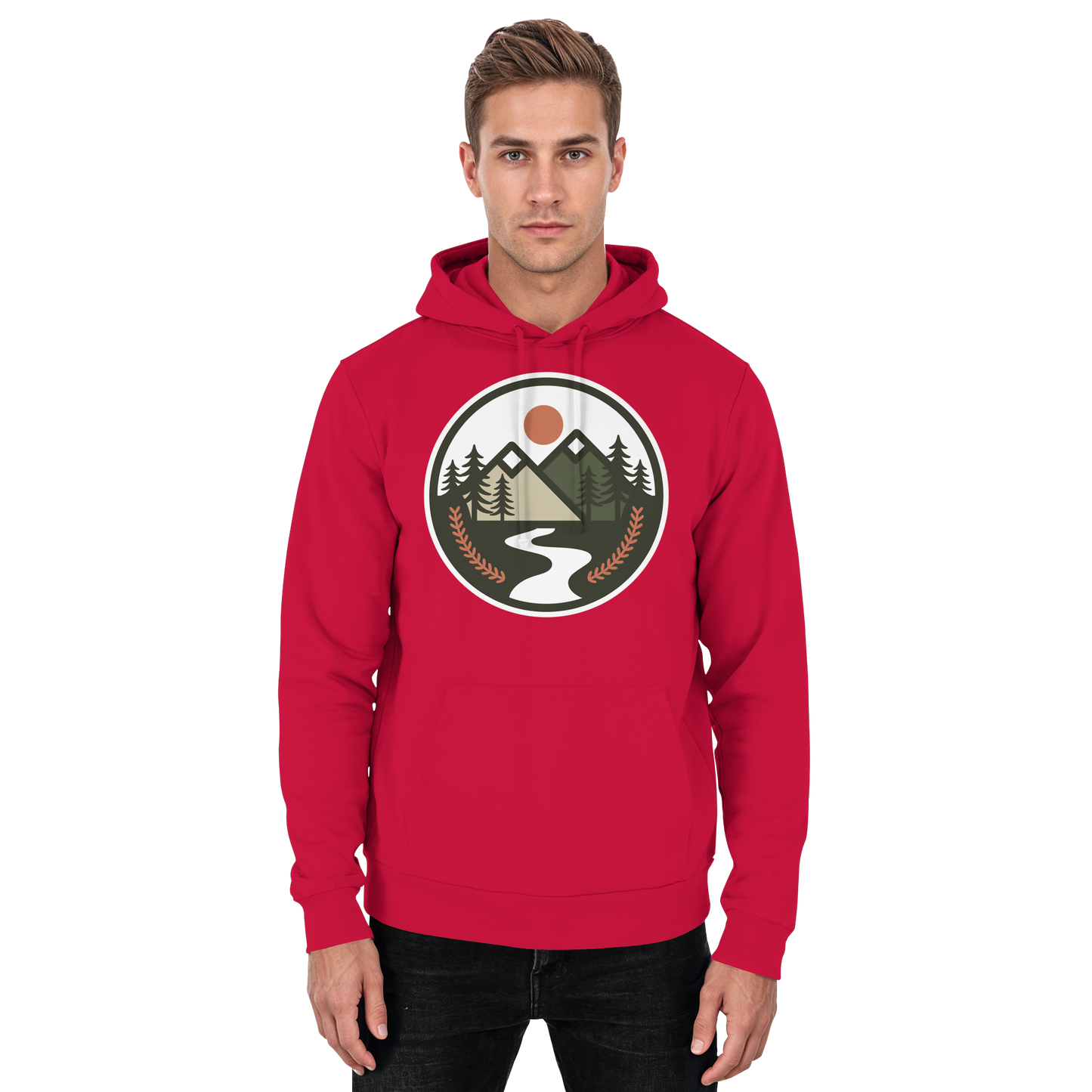 Front view of Arvenzo Open Ground unisex hoodie in fire red, showcasing a basic design with a comfortable fit.