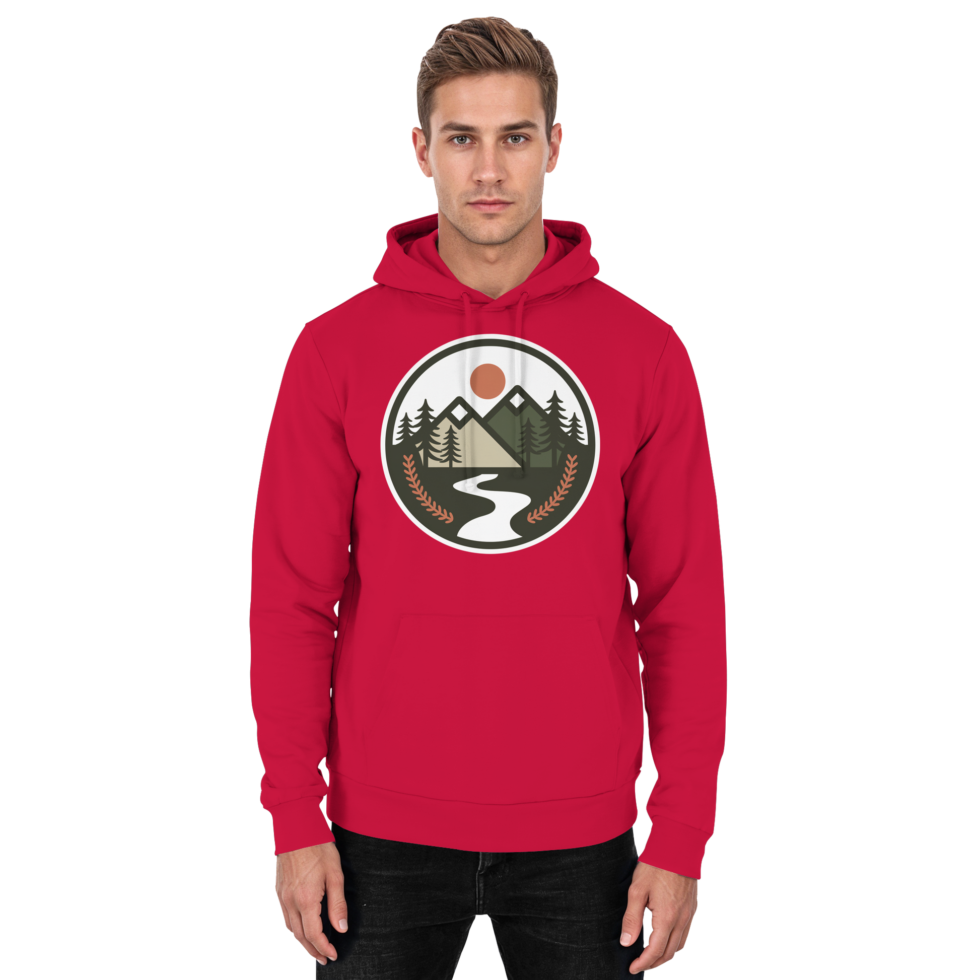 Front view of Arvenzo Open Ground unisex hoodie in fire red, showcasing a basic design with a comfortable fit.