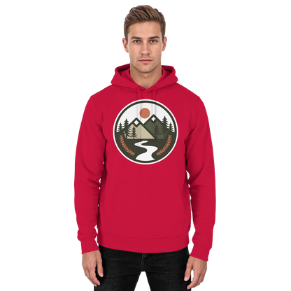 Front view of Arvenzo Open Ground unisex hoodie in fire red, showcasing a basic design with a comfortable fit.