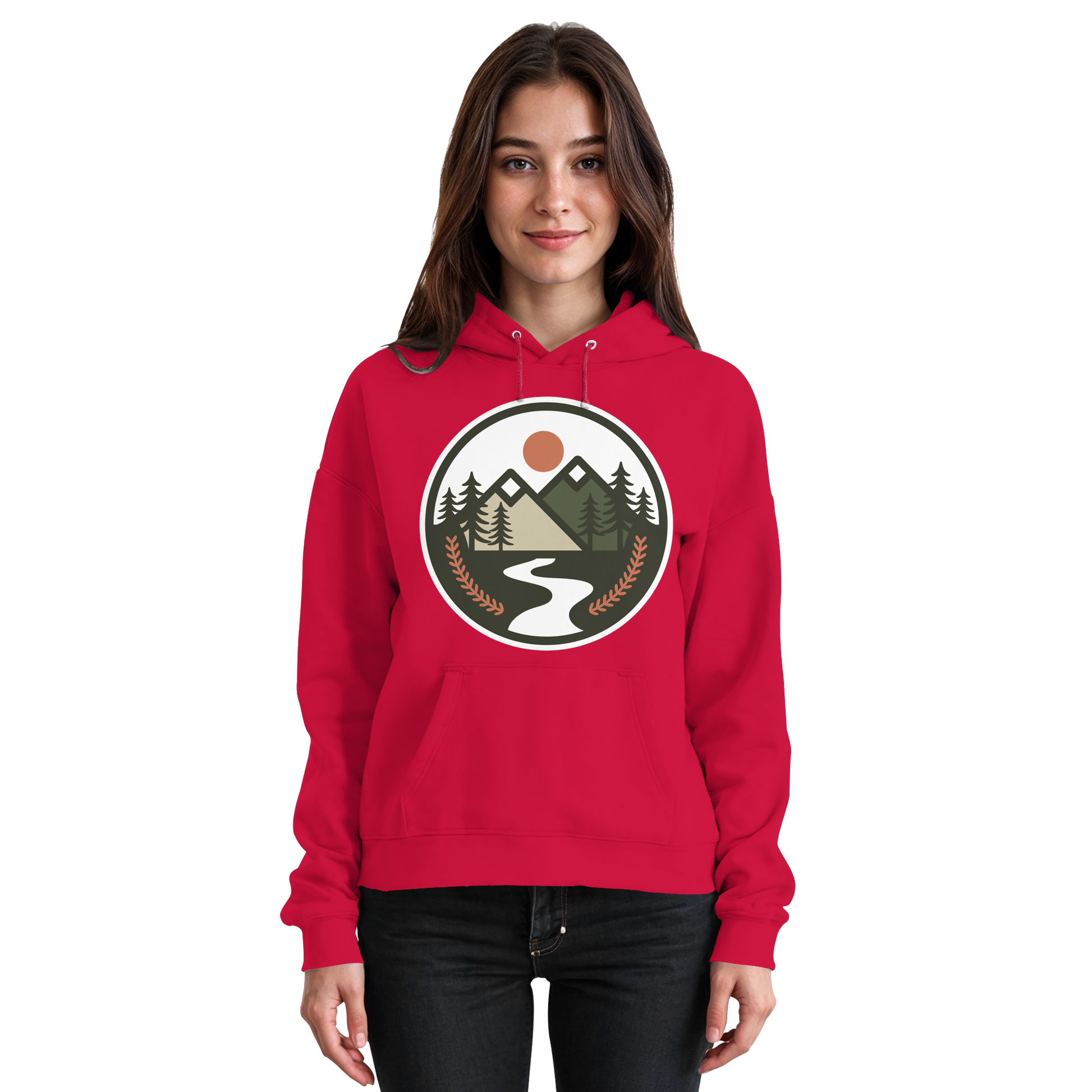 Fire red open ground hoodie by Arvenzo, front view of a basic unisex hoodie with a hood and long sleeves.