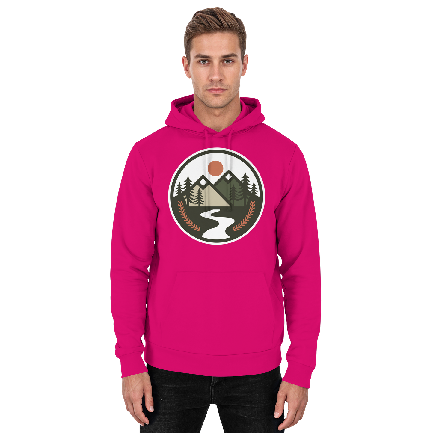 Front view of Arvenzo Open Ground unisex hoodie in vibrant hot pink, showcasing a casual and stylish hoodie design.