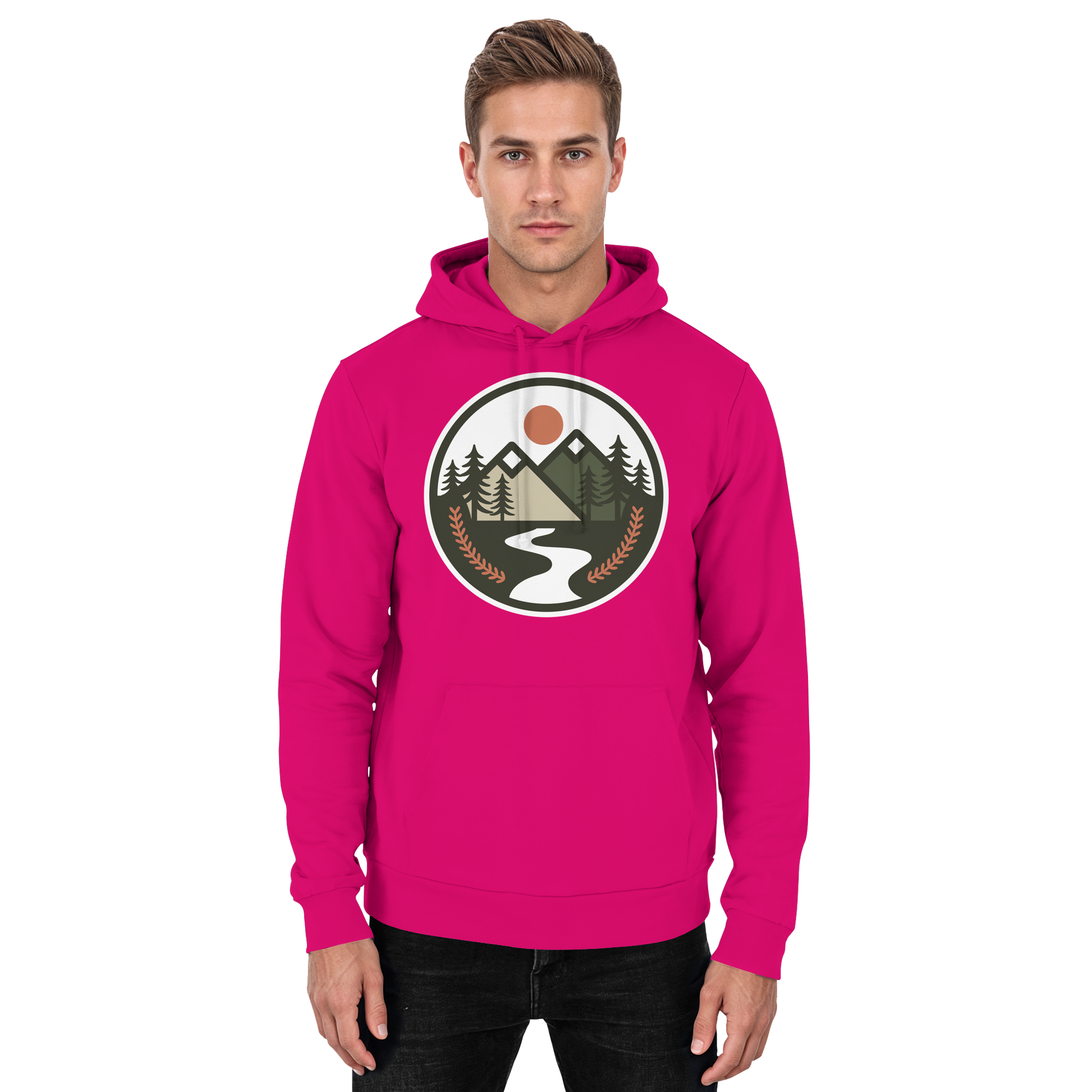 Front view of Arvenzo Open Ground unisex hoodie in vibrant hot pink, showcasing a casual and stylish hoodie design.