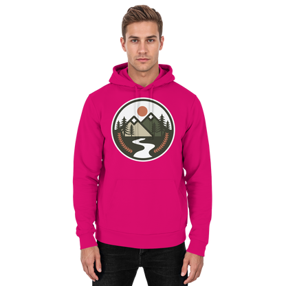 Front view of Arvenzo Open Ground unisex hoodie in vibrant hot pink, showcasing a casual and stylish hoodie design.