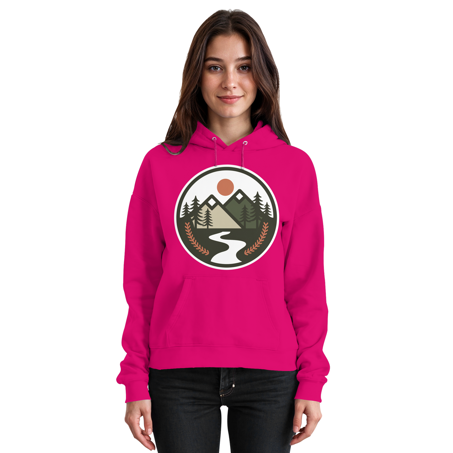Front view of Arvenzo Open Ground hoodie in hot pink, unisex casual hoodie with a simple design.
