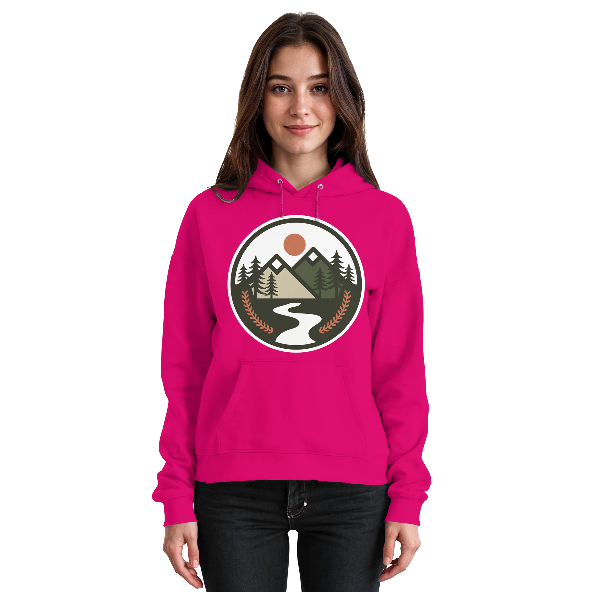 Front view of Arvenzo Open Ground hoodie in hot pink, unisex casual hoodie with a simple design.