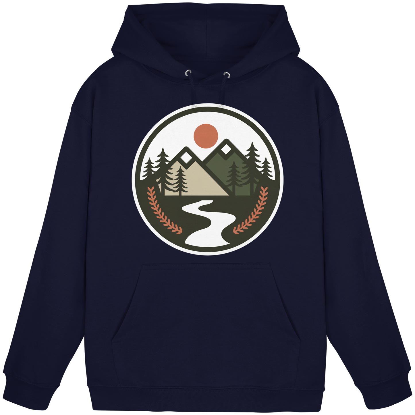 Unisex navy blue Arvenzo Open Ground hoodie with front pocket and drawstrings, casual and comfortable for everyday wear.
