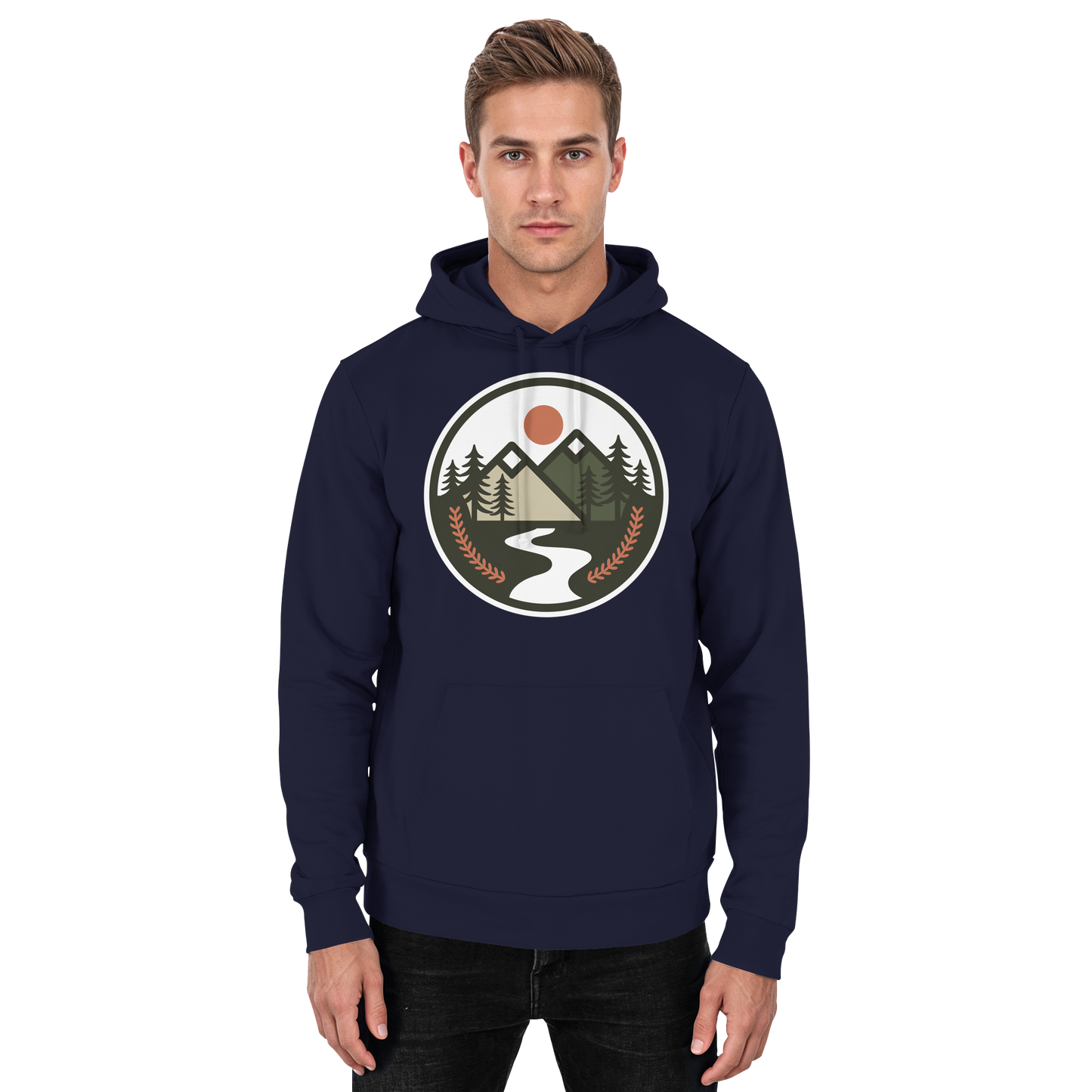 Front view of Arvenzo Open Ground unisex navy hoodie with a simple, classic design and a comfortable fit.