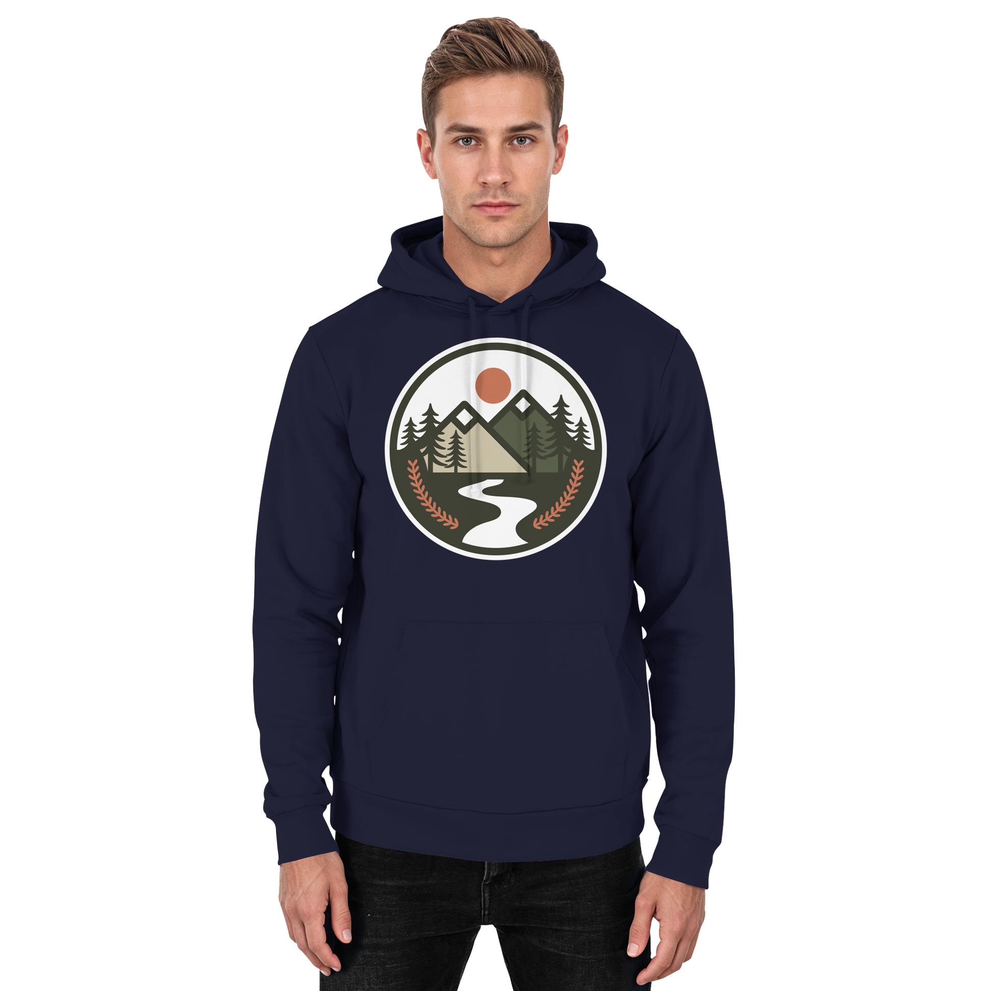 Front view of Arvenzo Open Ground unisex navy hoodie with a simple, classic design and a comfortable fit.