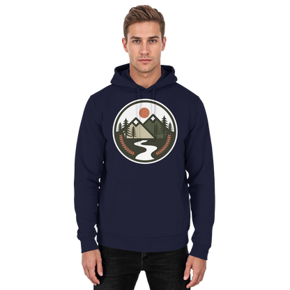 Front view of Arvenzo Open Ground unisex navy hoodie with a simple, classic design and a comfortable fit.