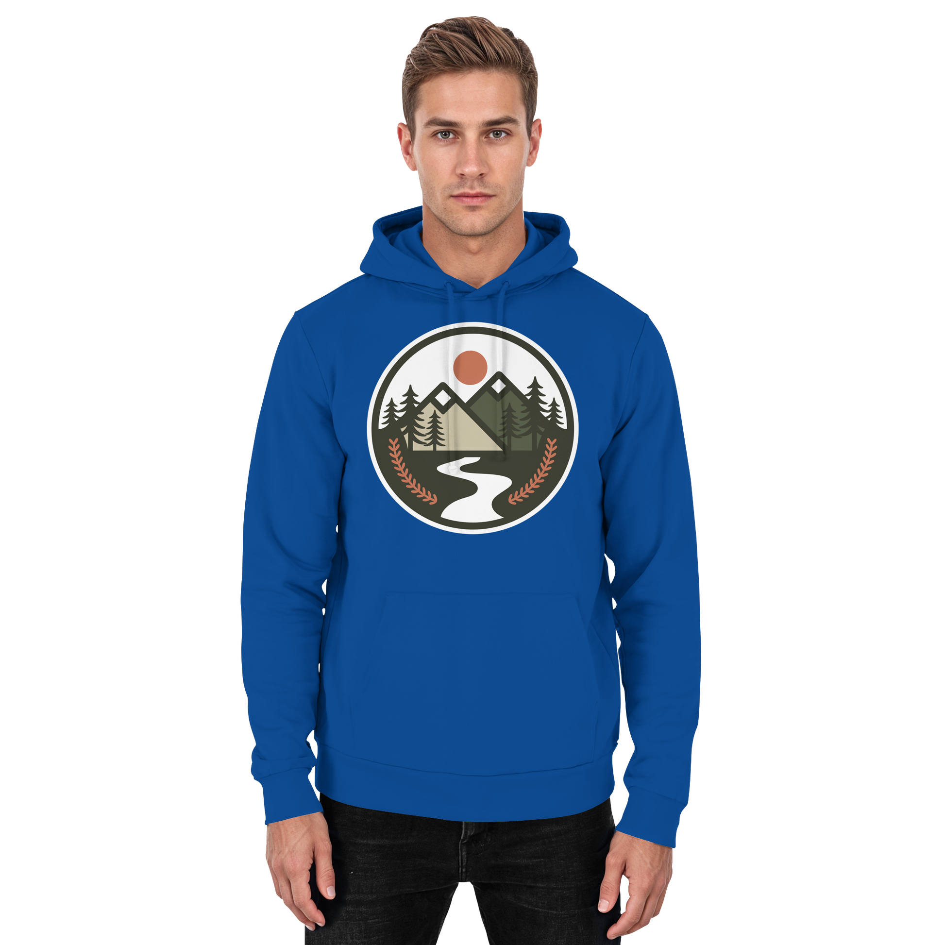 Front view of a royal blue unisex hoodie by Arvenzo, featuring a simple, classic design and a hood with drawstrings.