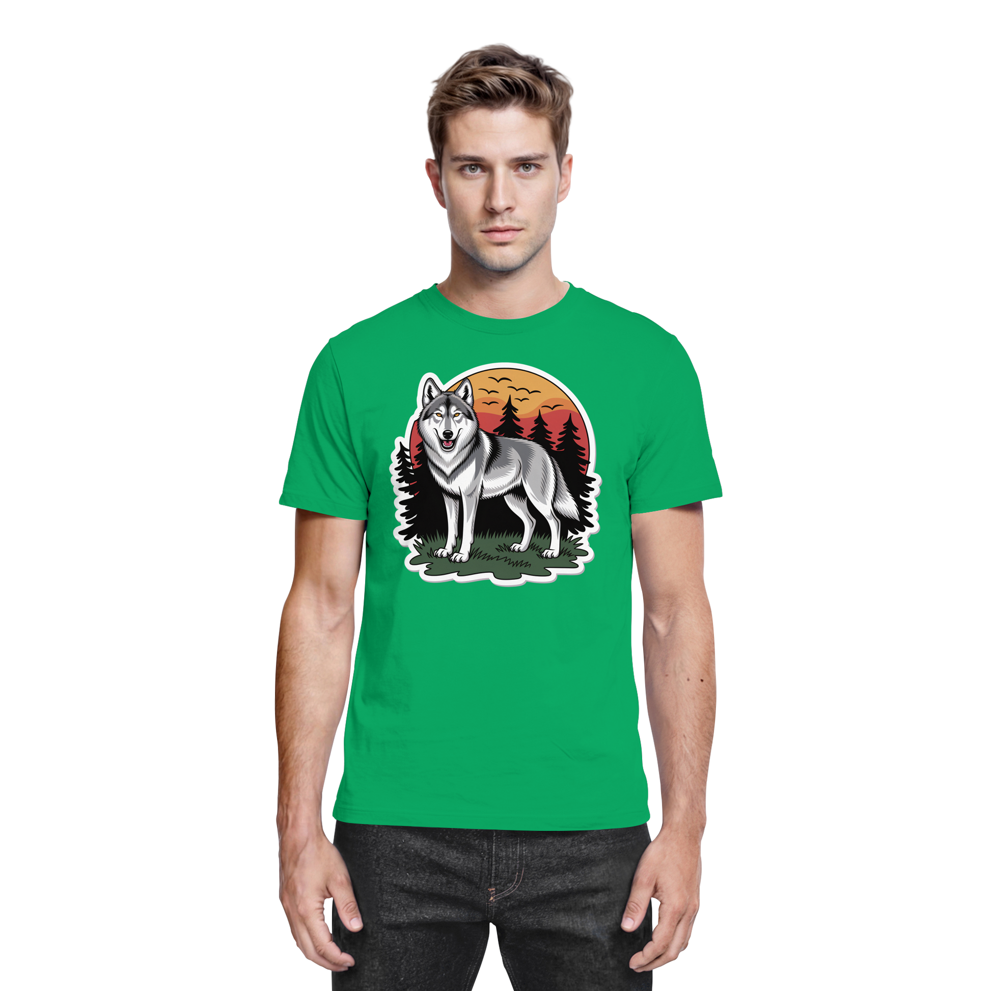 Front view of Arvenzo Lone Dusk unisex shirt in Kelly Green, showcasing its premium fabric and stylish design.