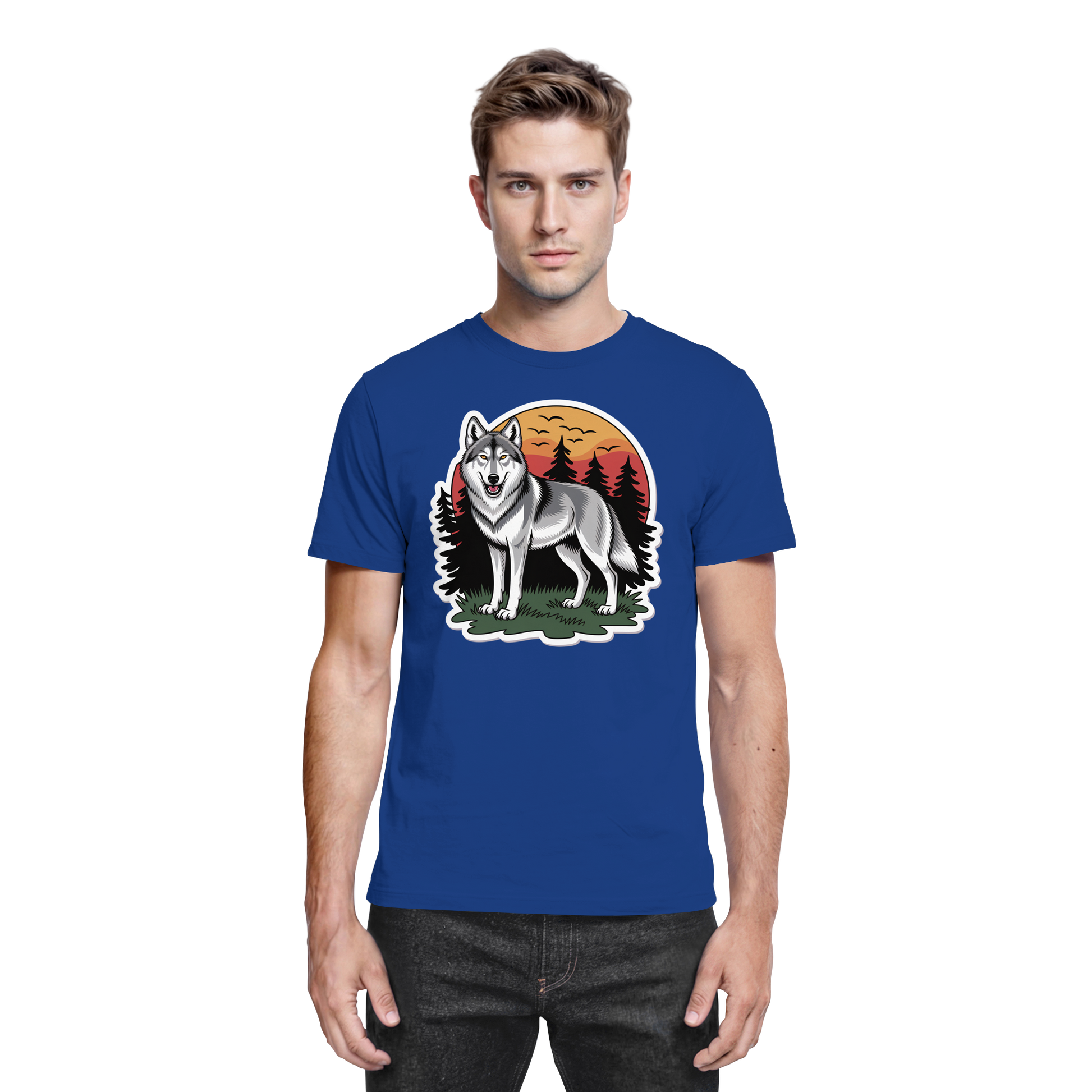 Front view of Arvenzo Lone Dusk unisex royal blue shirt with a clean design and classic fit.