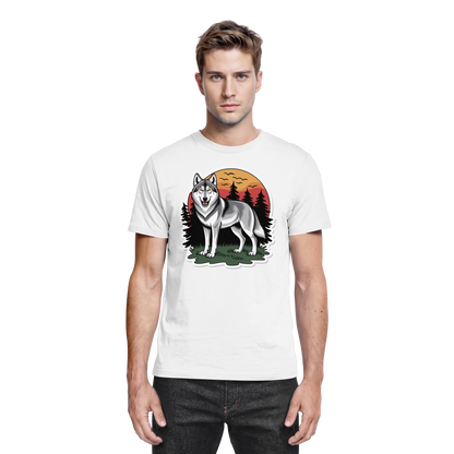 White Arvenzo Lone Dusk unisex shirt with a front design, made from premium fabric, shown from the front view.