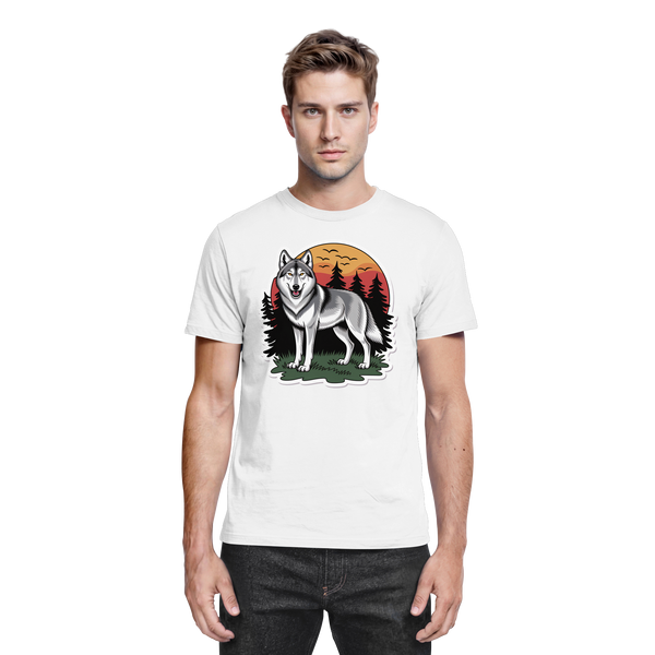 White Arvenzo Lone Dusk unisex shirt with a front design, made from premium fabric, shown from the front view.